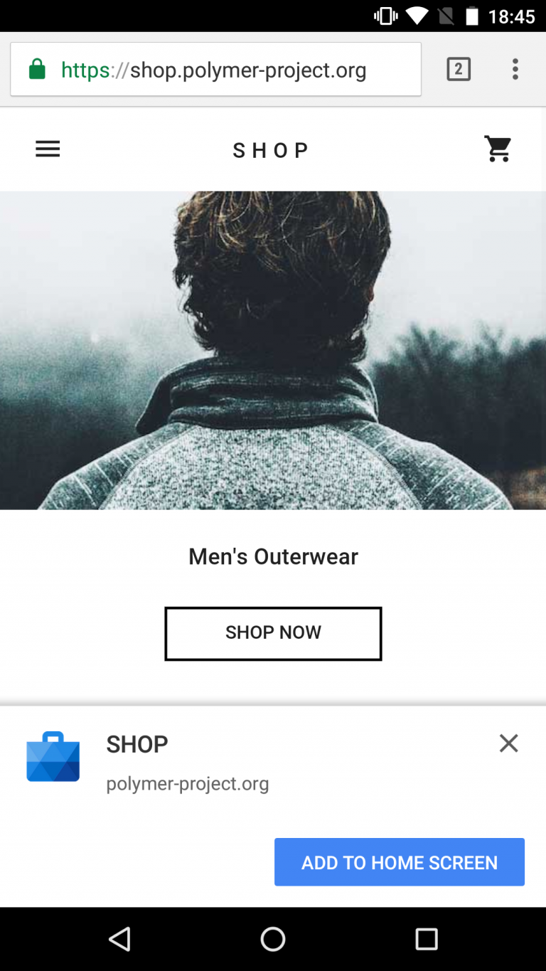 Chrome's Progressive Web App Install prompt on the Polymer Shop demo.